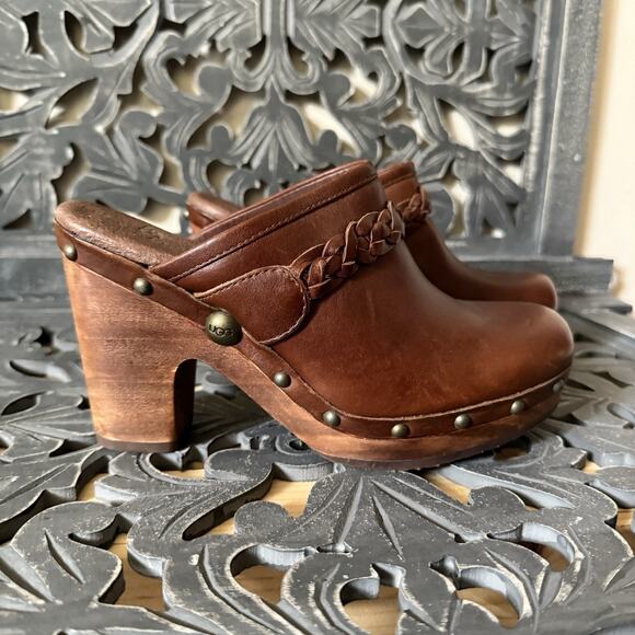 UGG Kaylee Leather Platform Clogs Brown Studded Wood Heel Braided Strap Size 7 - Picture 4 of 14